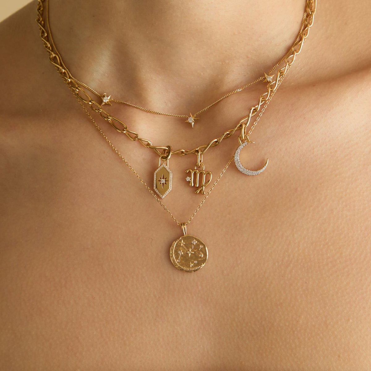 Three zodiac star sign necklaces from Astrid & Miyu's constellation jewellery collection