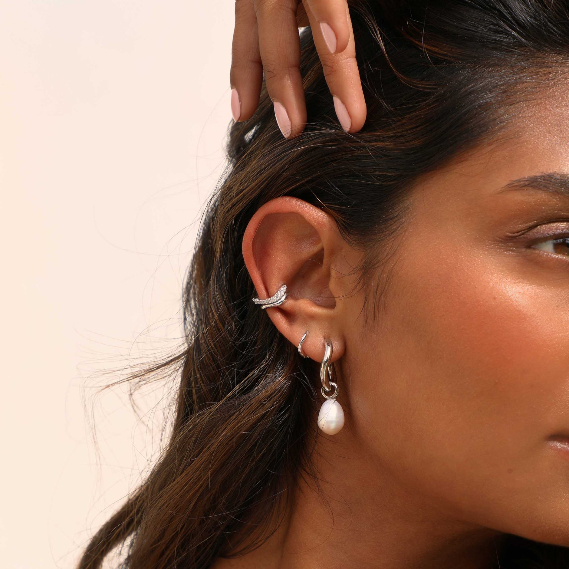 Wave Crystal Huggies in Silver worn