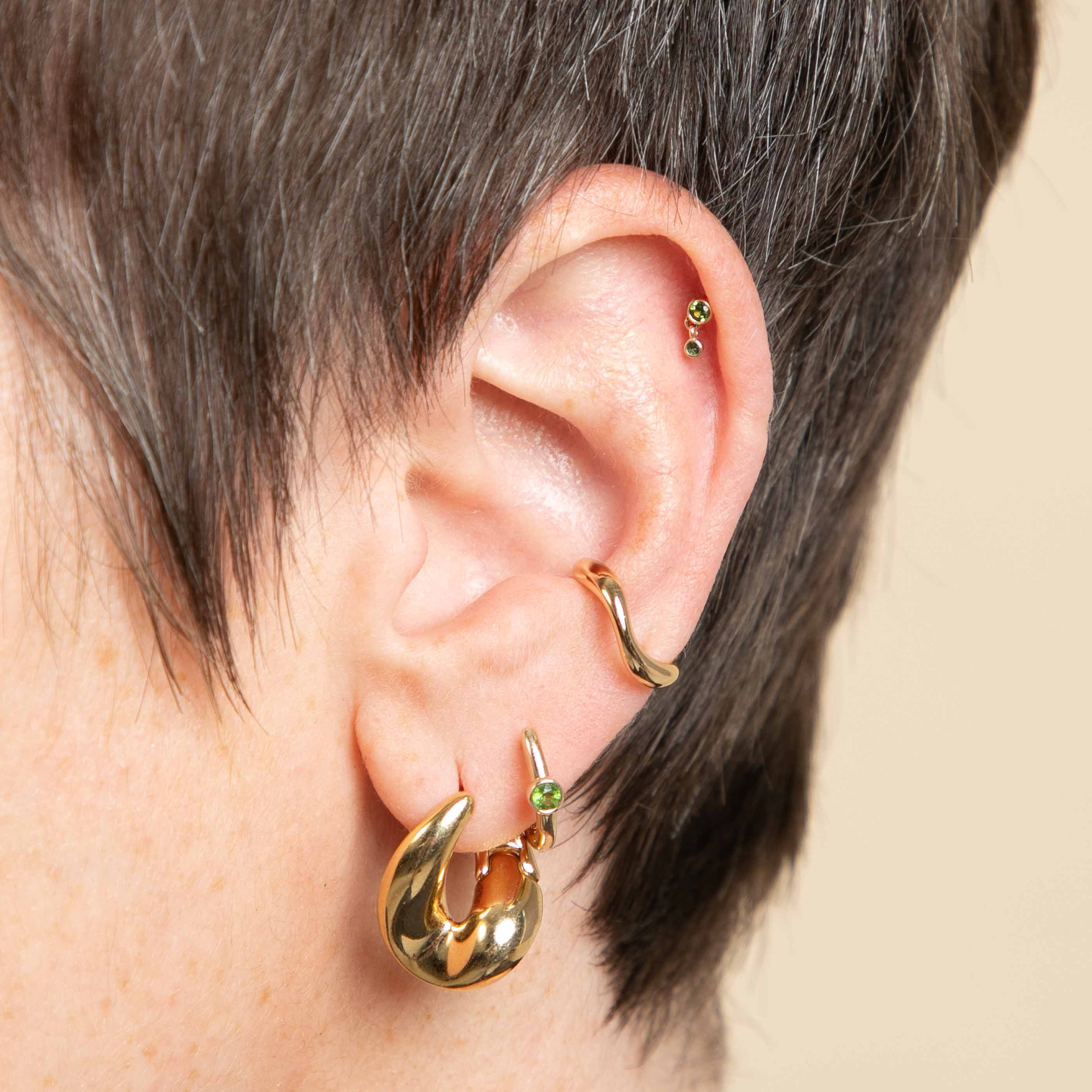 Green Tourmaline Double Piercing Stud in Solid Gold