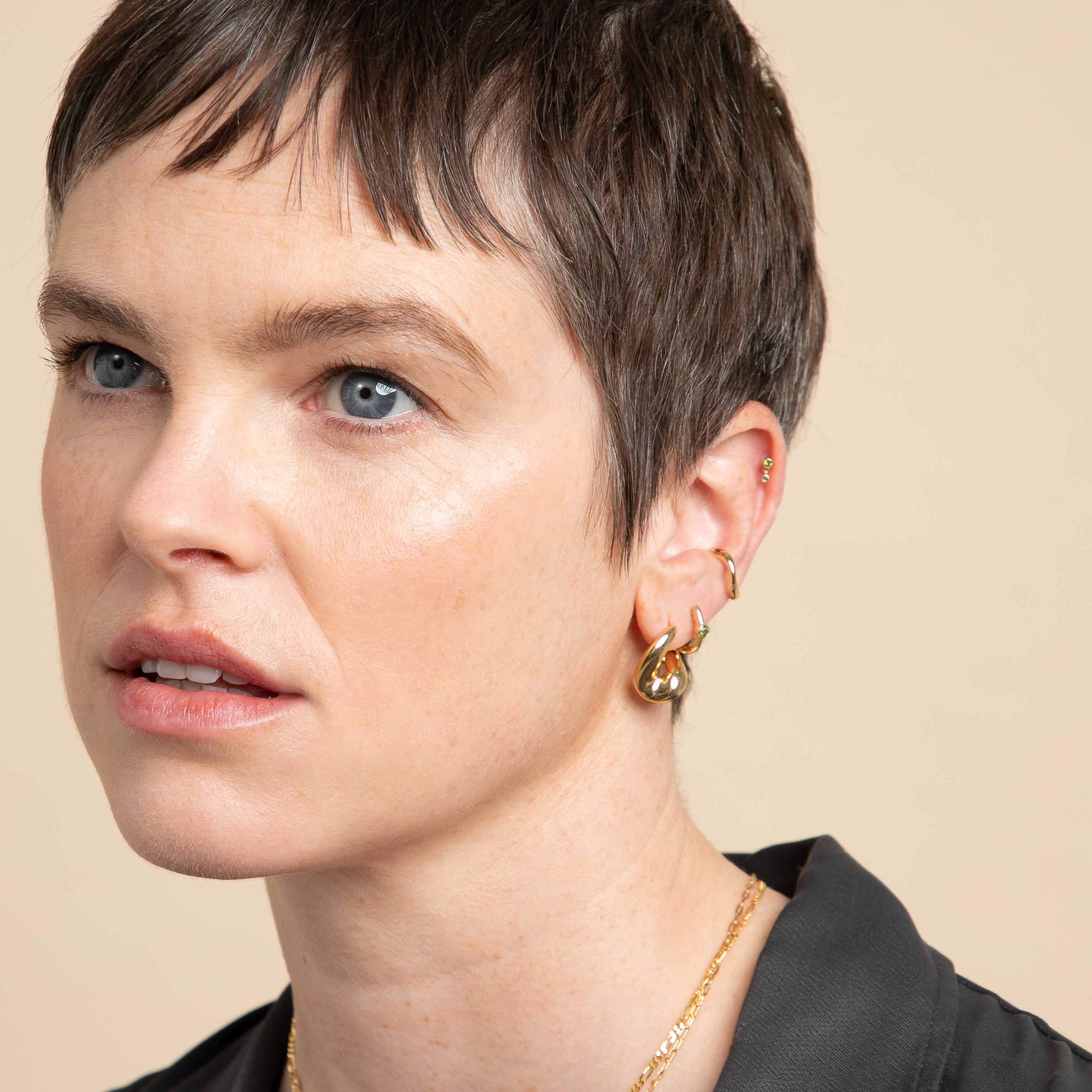 Green Tourmaline Double Piercing Stud in Solid Gold