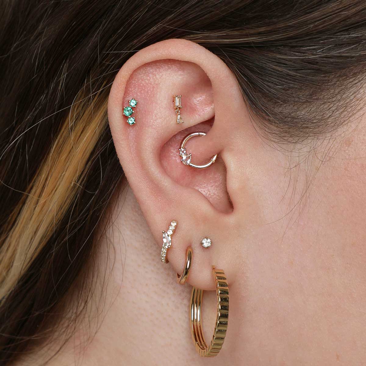 Emerald Curved Piercing Stud in Solid Gold