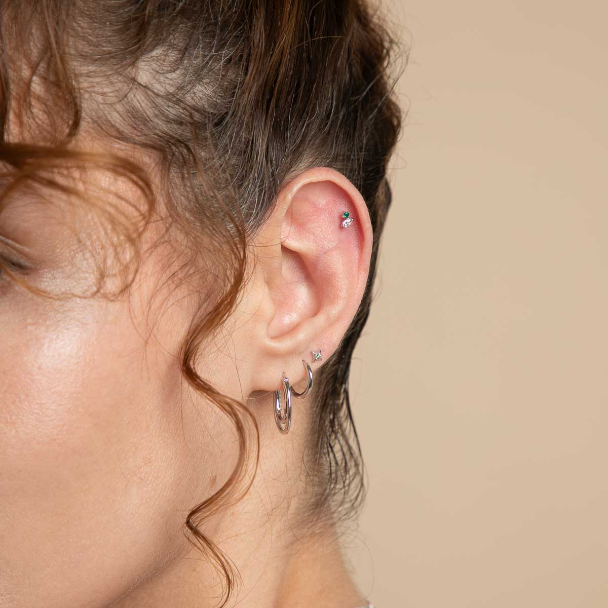 Diamond & Emerald Pear Piercing Stud in Solid White Gold