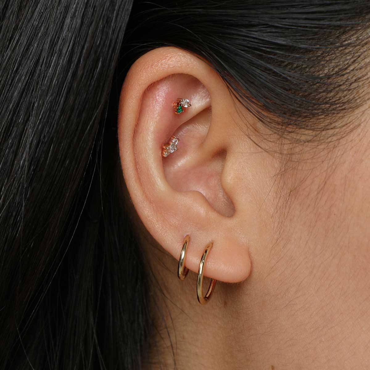 Diamond & Emerald Pear Piercing Stud in Solid Gold