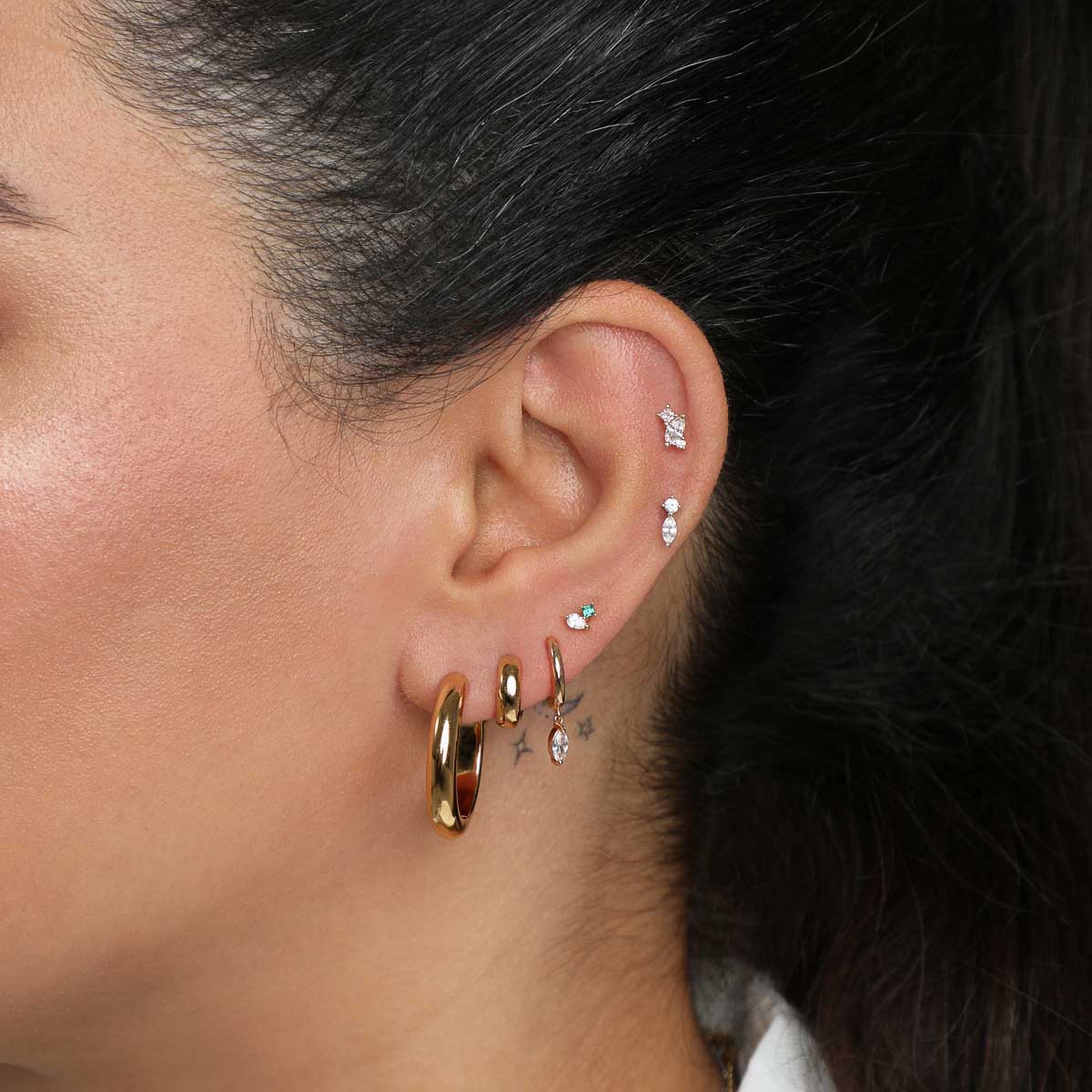 Diamond & Emerald Pear Piercing Stud in Solid Gold