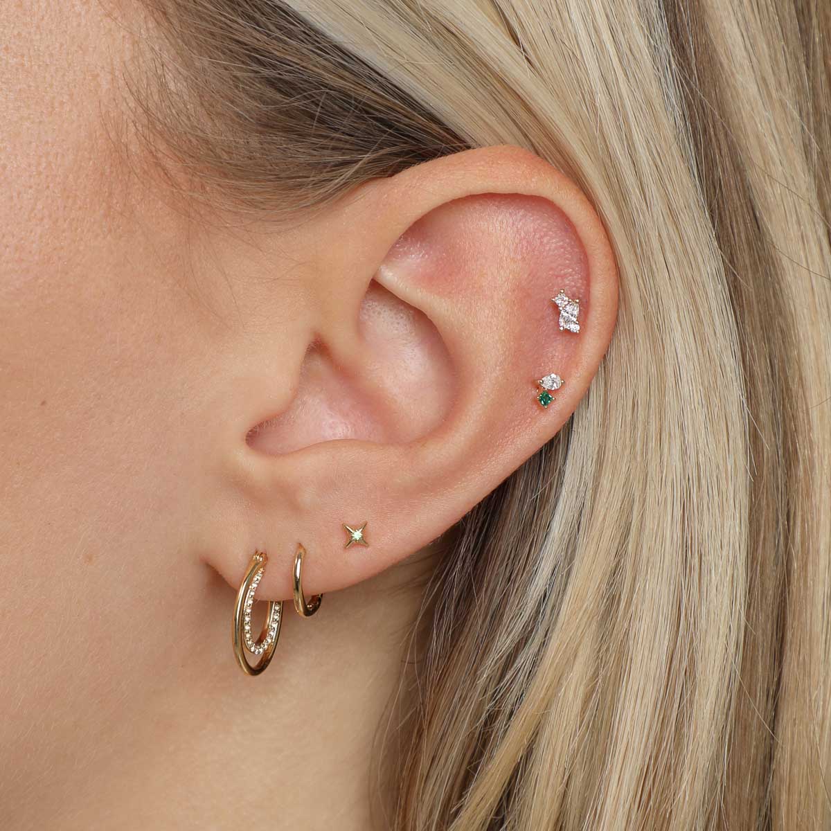 Diamond & Emerald Pear Piercing Stud in Solid Gold