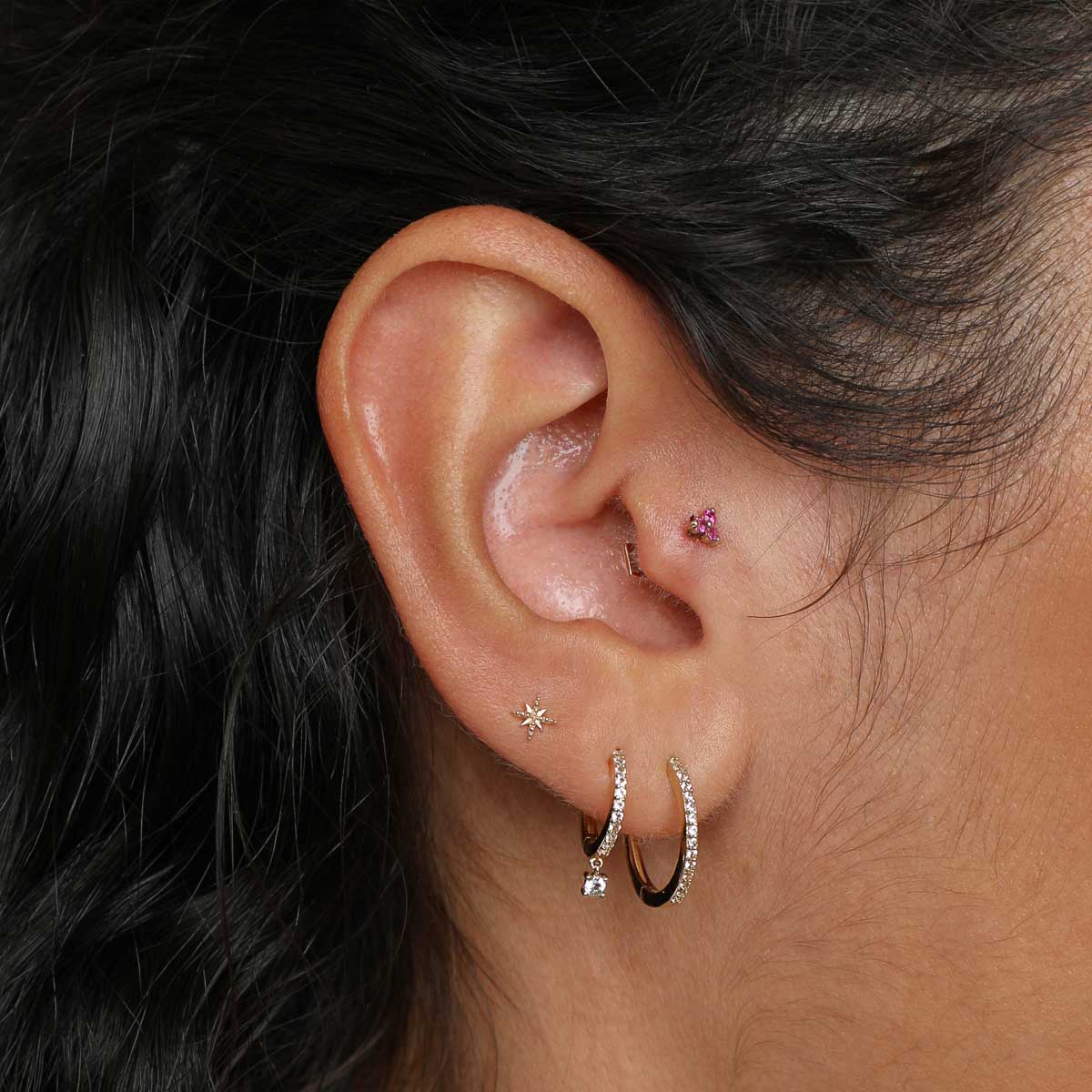 Ruby Cluster Piercing Stud in Solid Gold