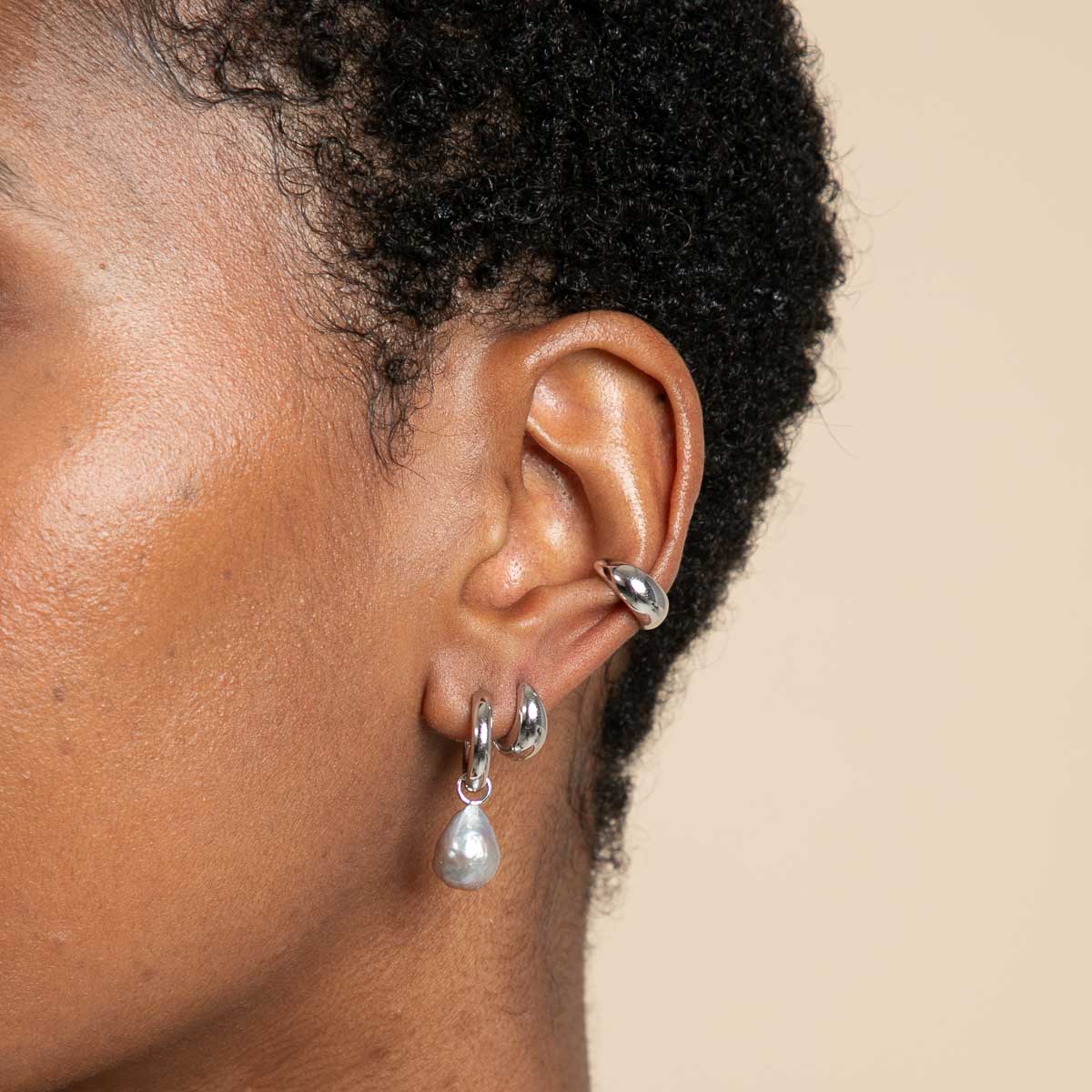 Tranquility Pearl Charm Hoops in Silver