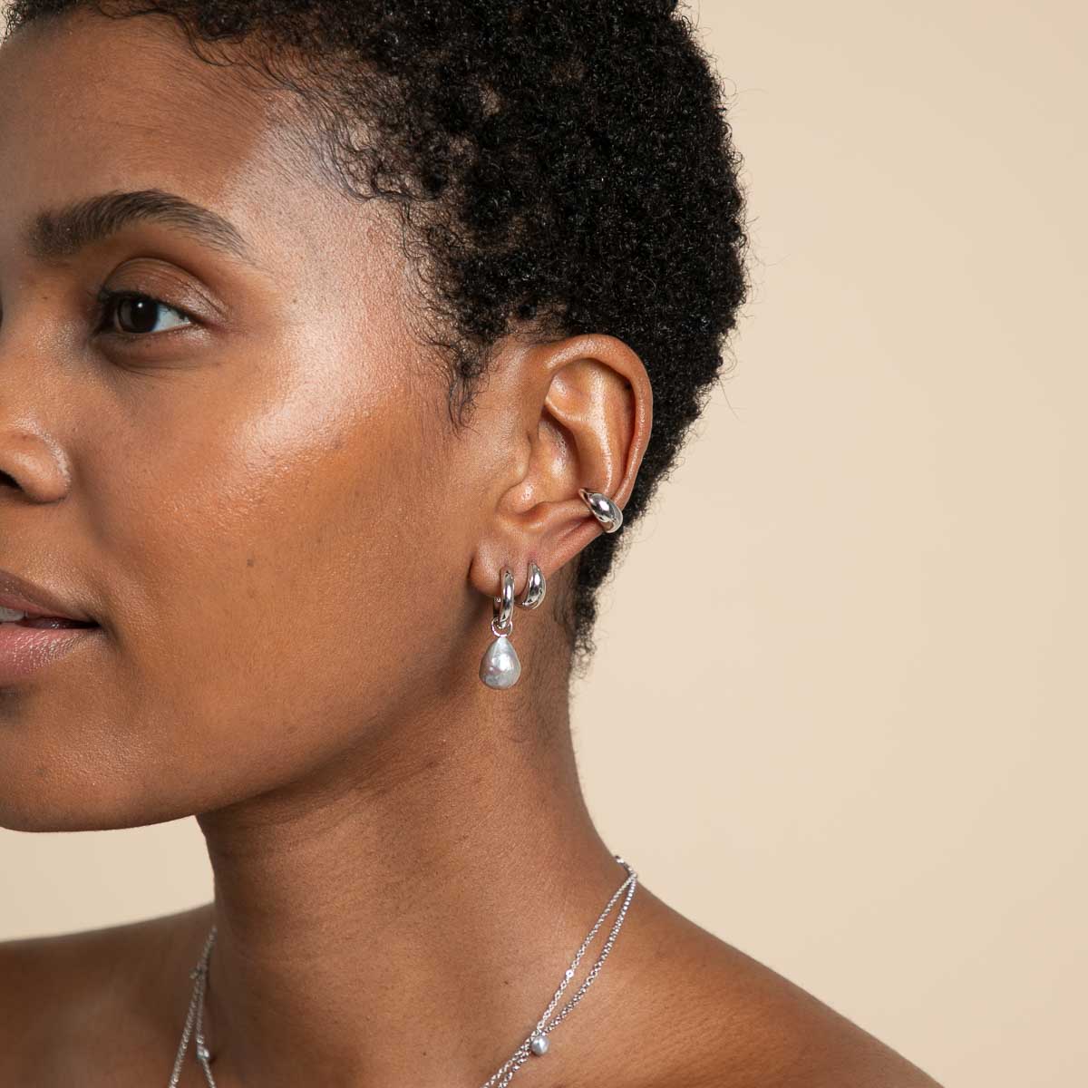 Tranquility Pearl Charm Hoops in Silver