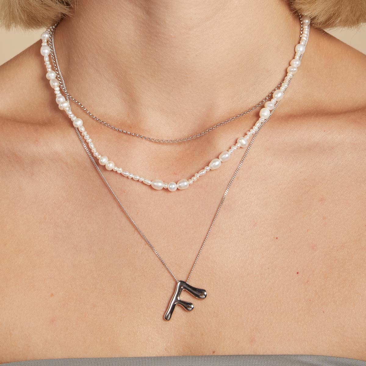 F Initial Bold Pendant Necklace in Silver