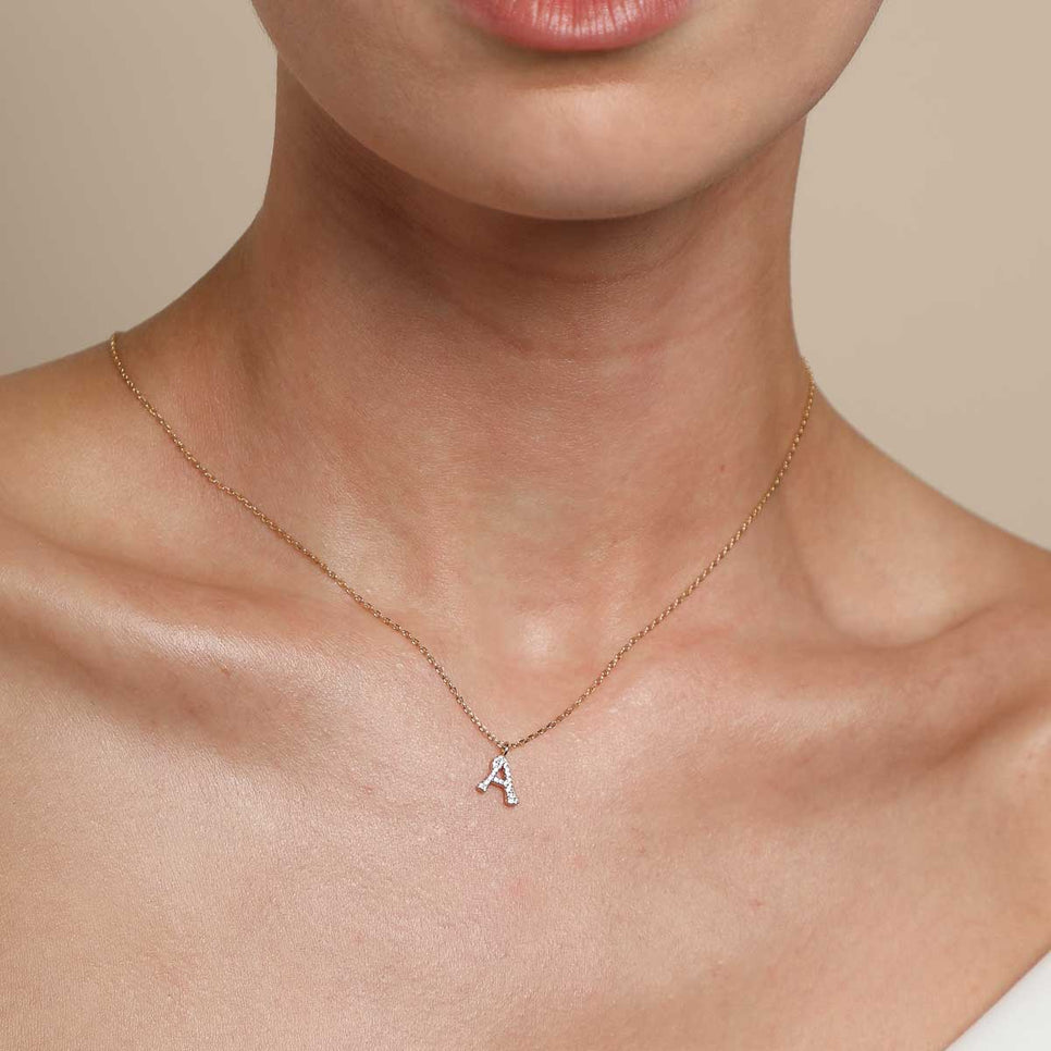 18k Gold Plated Jewellery - A Initial Pavé Pendant Necklace in Gold - Pendant Necklace - Astrid & Miyu