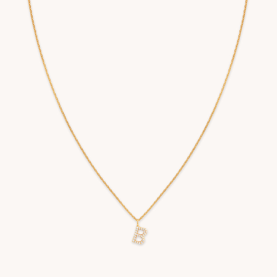 18k Gold Plated Jewellery - B Initial Pavé Pendant Necklace in Gold - Pendant Necklace - Astrid & Miyu