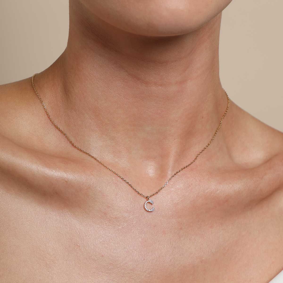 18k Gold Plated Jewellery - C Initial Pavé Pendant Necklace in Gold - Pendant Necklace - Astrid & Miyu