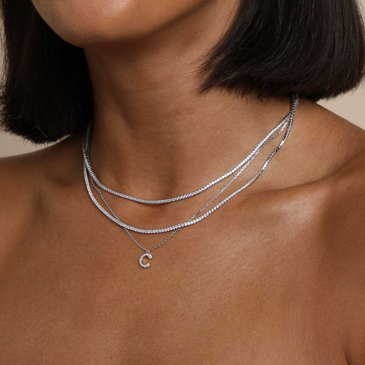 Gemstone Necklaces - C Initial Pavé Pendant Necklace in Silver - Pendant Necklace - Astrid & Miyu