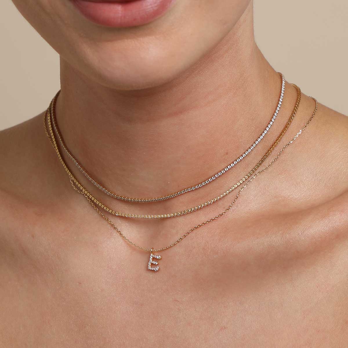 E Initial Pavé Pendant Necklace in Gold