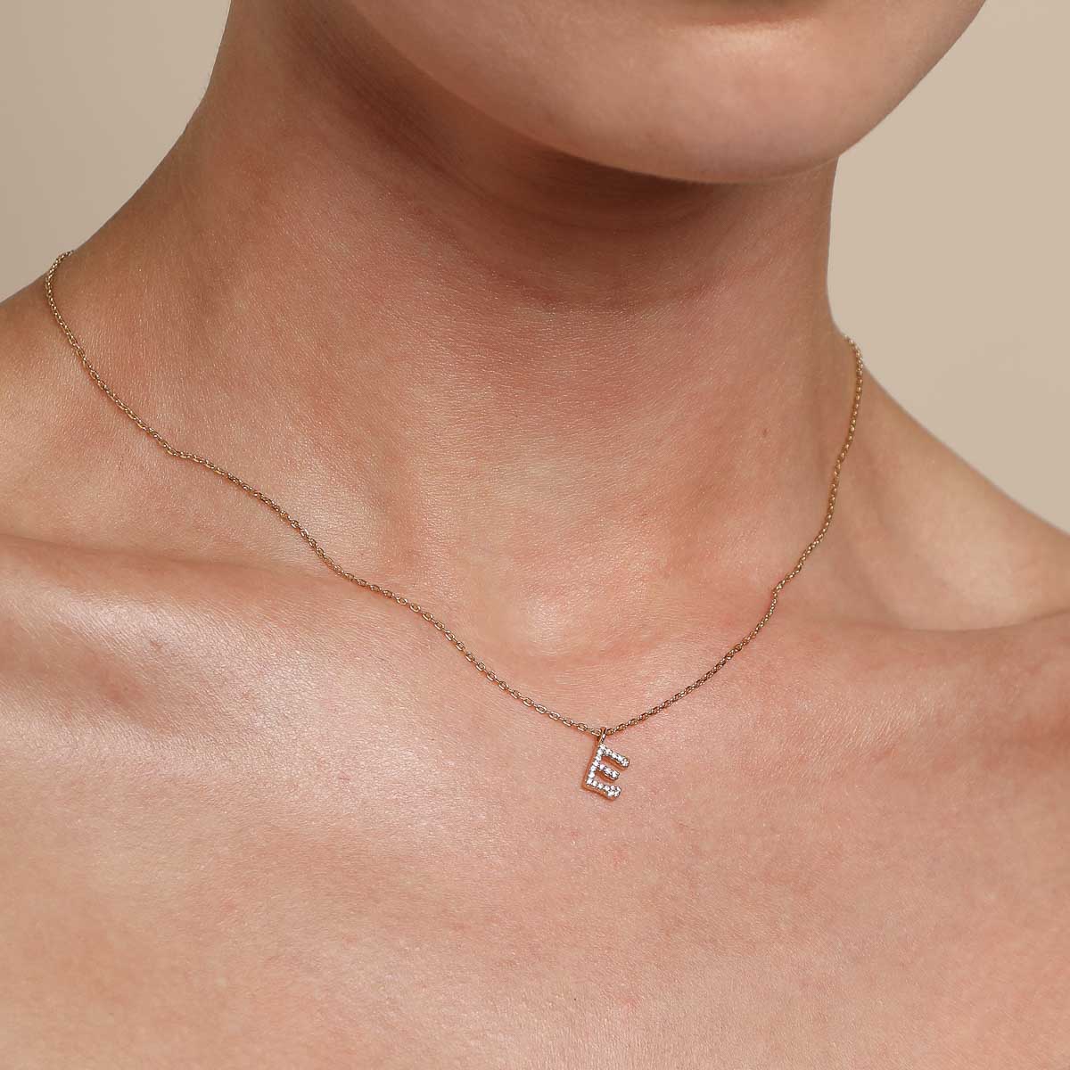 E Initial Pavé Pendant Necklace in Gold