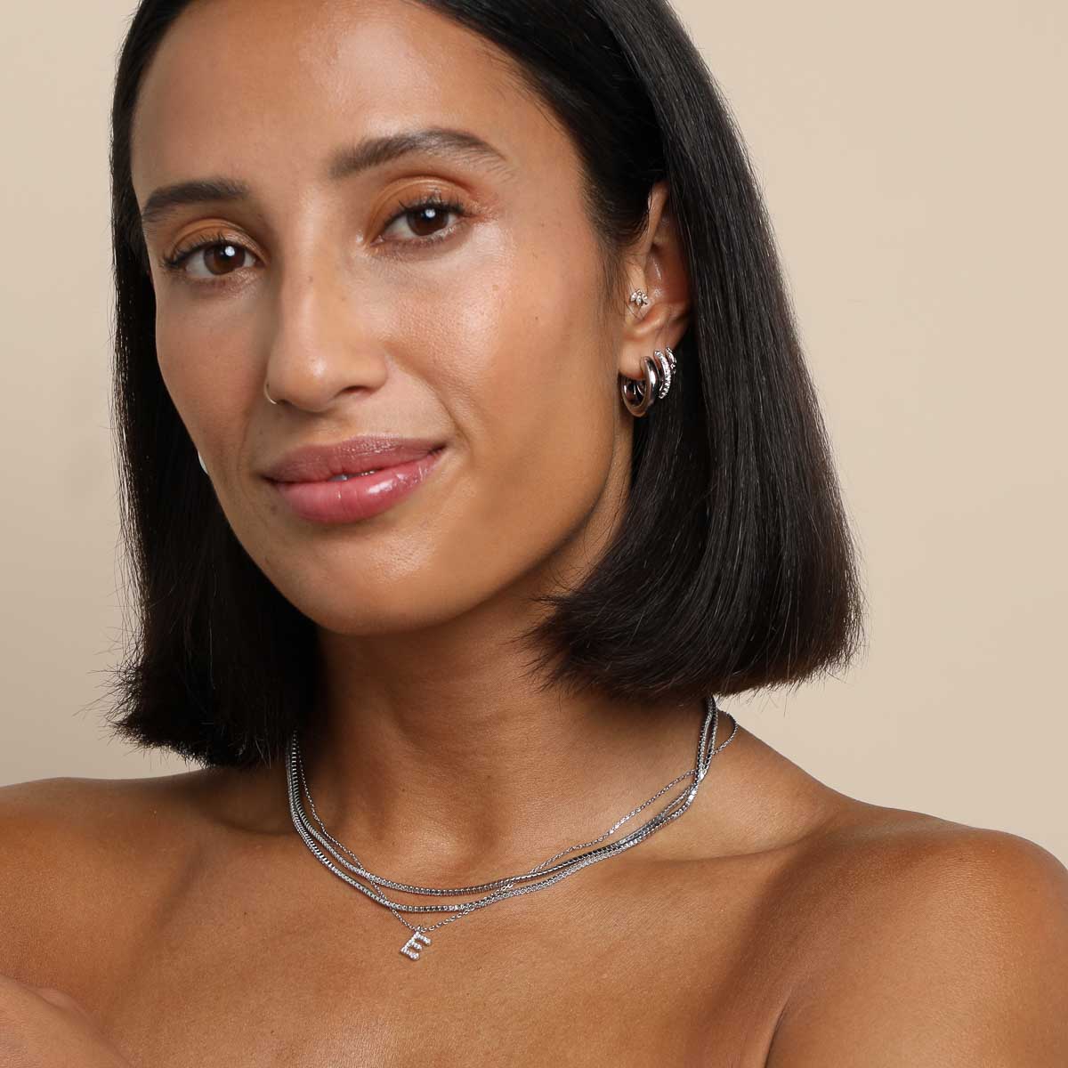 E Initial Pavé Pendant Necklace in Silver