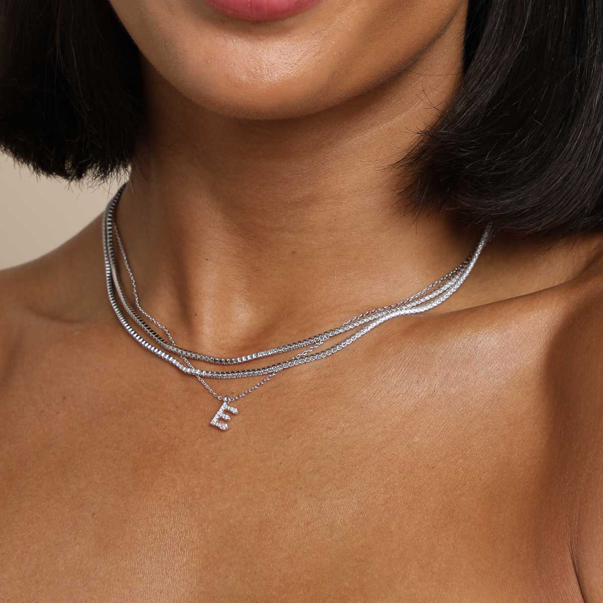 E Initial Pavé Pendant Necklace in Silver