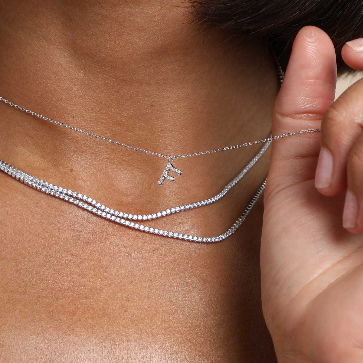 F Initial Pavé Pendant Necklace in Silver