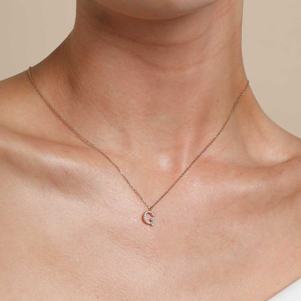18k Gold Plated Jewellery - G Initial Pavé Pendant Necklace in Gold - Pendant Necklace - Astrid & Miyu