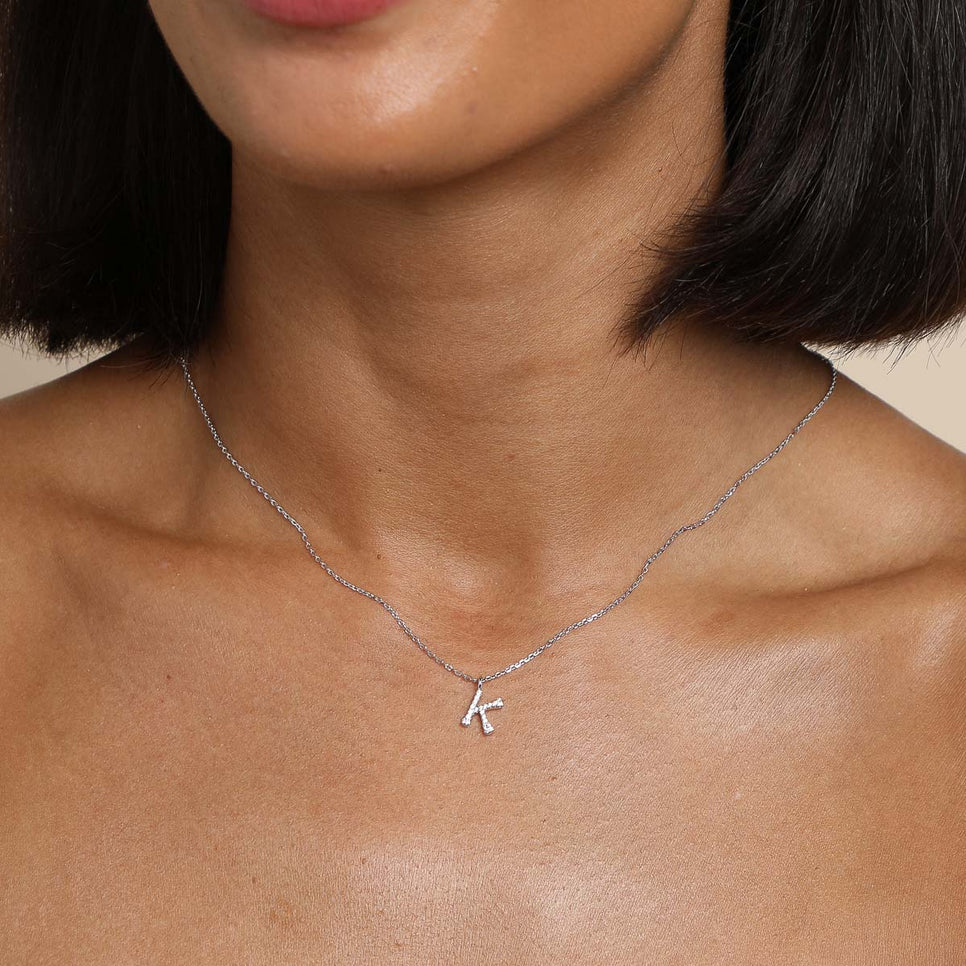 Gemstone Necklaces - K Initial Pavé Pendant Necklace in Silver - Pendant Necklace - Astrid & Miyu
