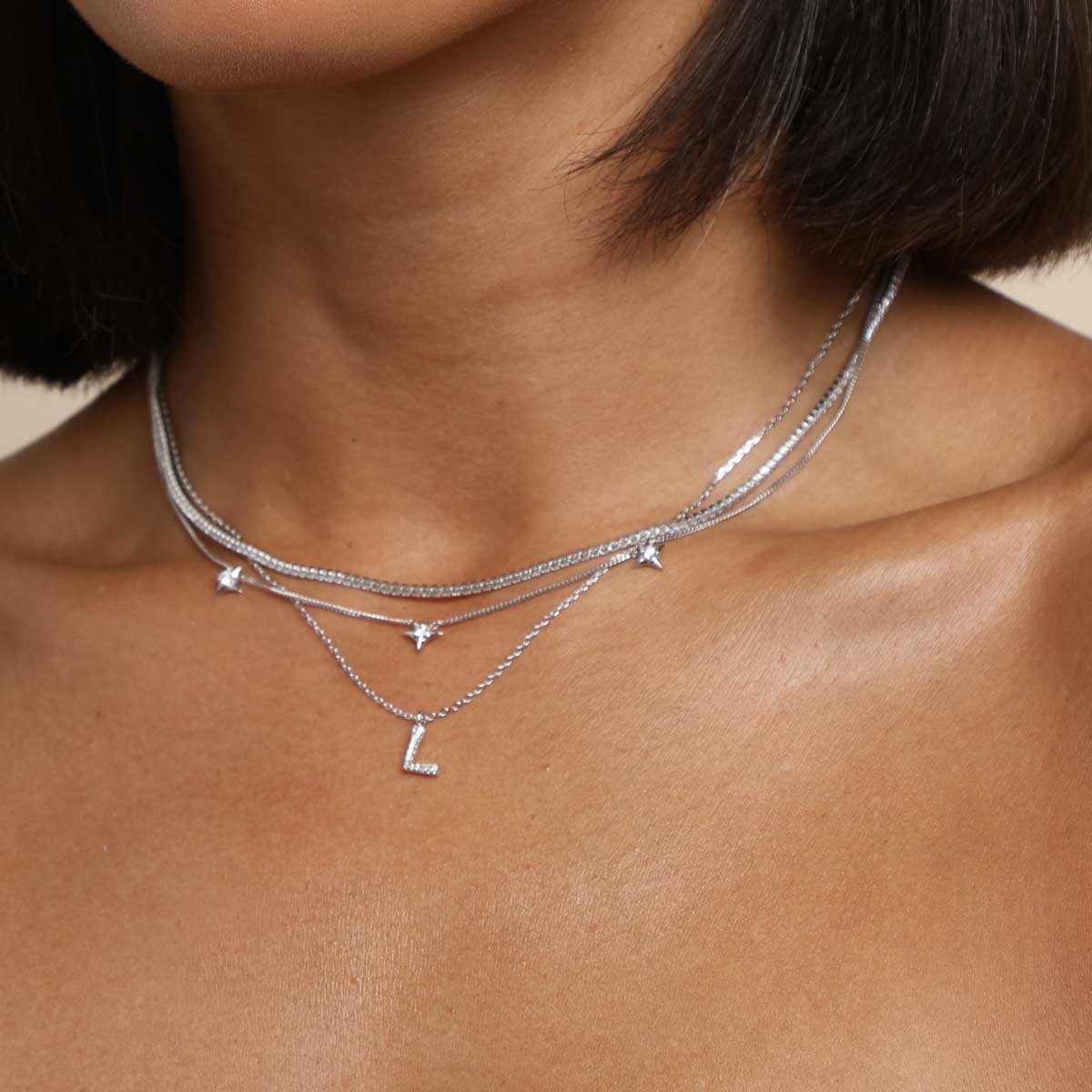 L Initial Pavé Pendant Necklace in Silver