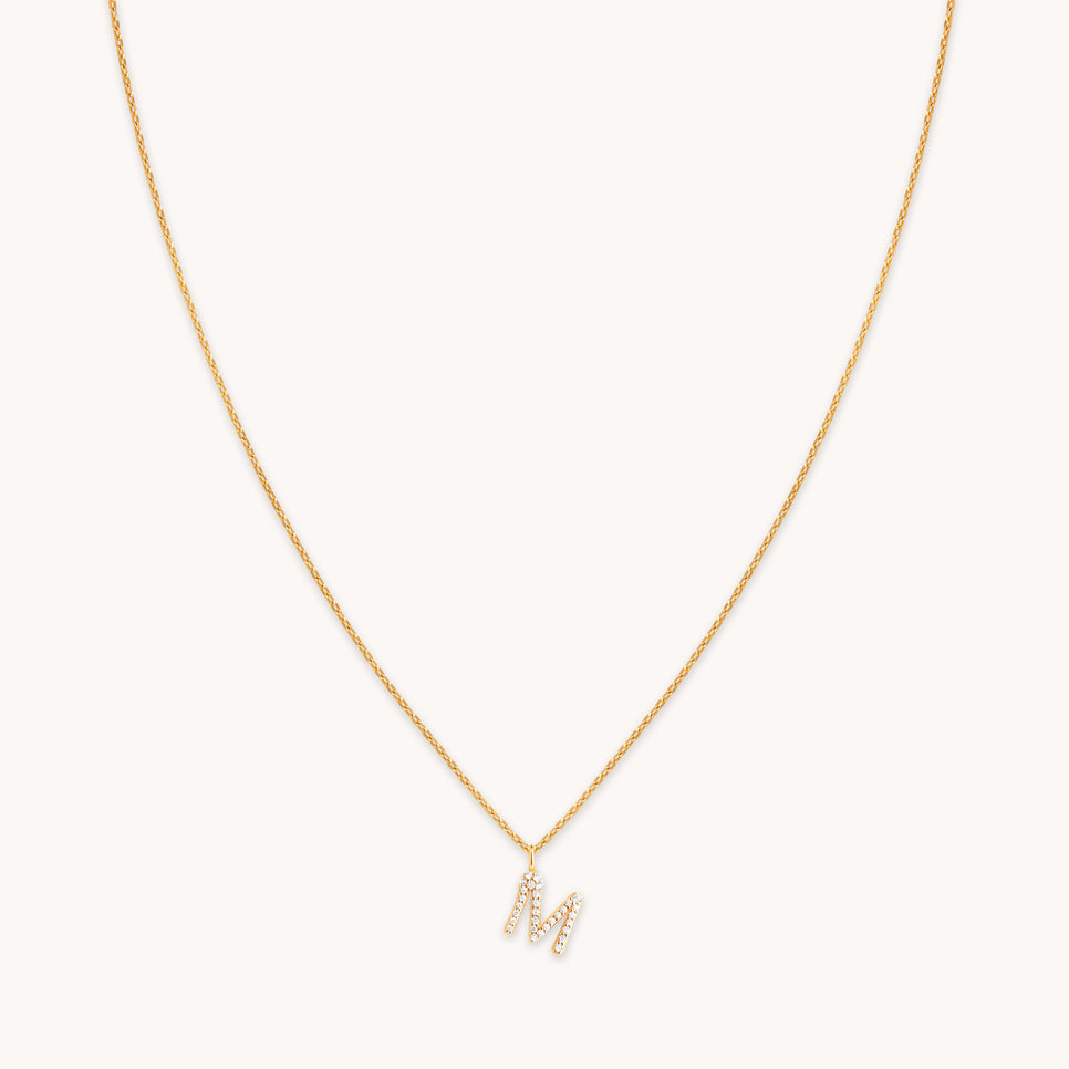 M Initial Pavé Pendant Necklace in Gold