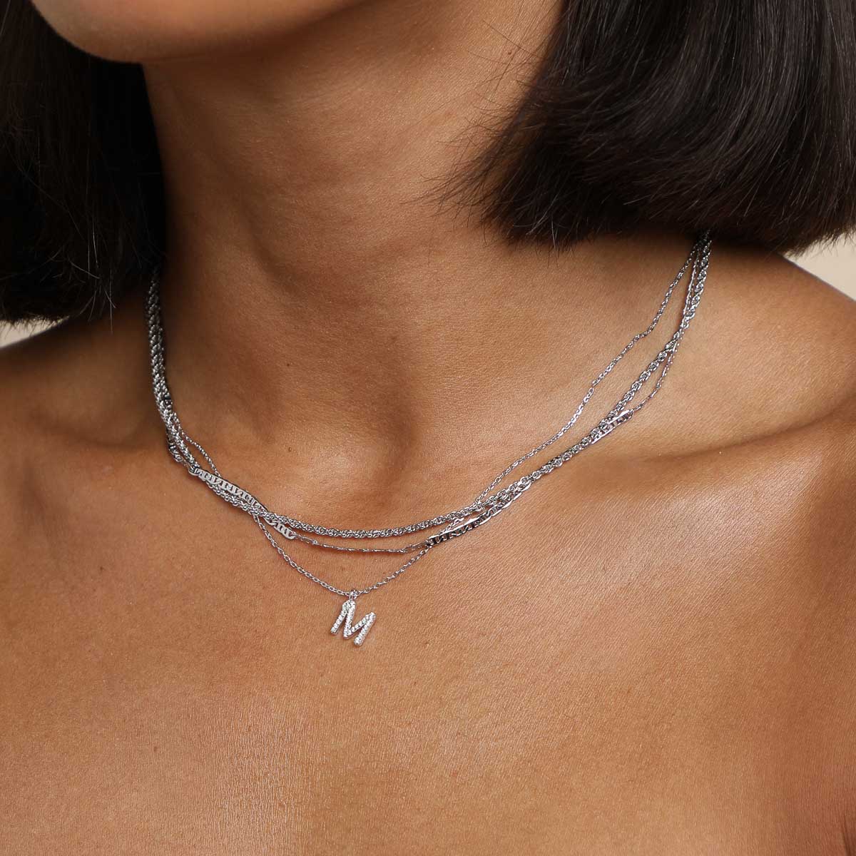 M Initial Pavé Pendant Necklace in Silver