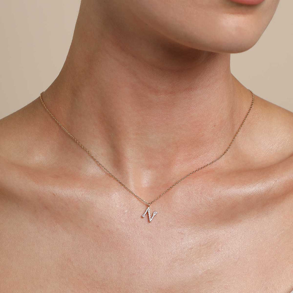 18k Gold Plated Jewellery - N Initial Pavé Pendant Necklace in Gold - Pendant Necklace - Astrid & Miyu