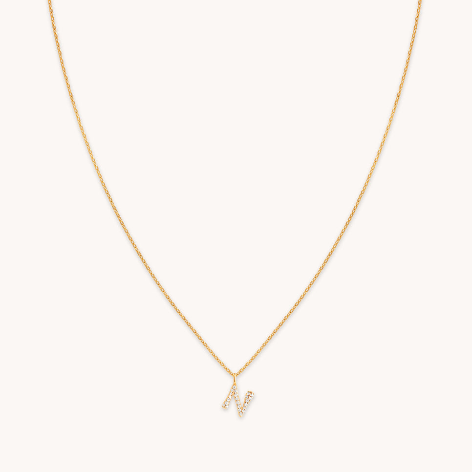 18k Gold Plated Jewellery - N Initial Pavé Pendant Necklace in Gold - Pendant Necklace - Astrid & Miyu
