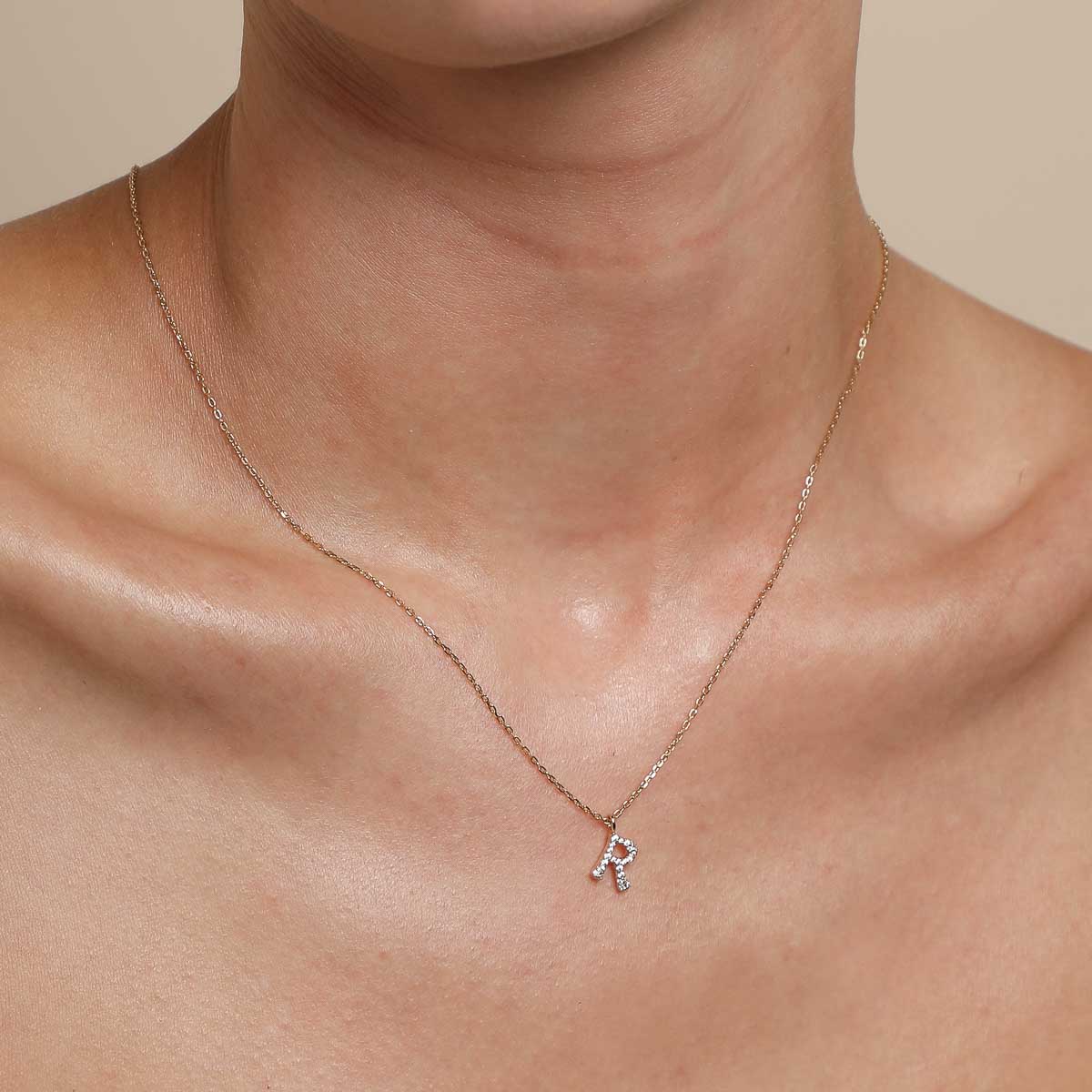 18k Gold Plated Jewellery - R Initial Pavé Pendant Necklace in Gold - Pendant Necklace - Astrid & Miyu