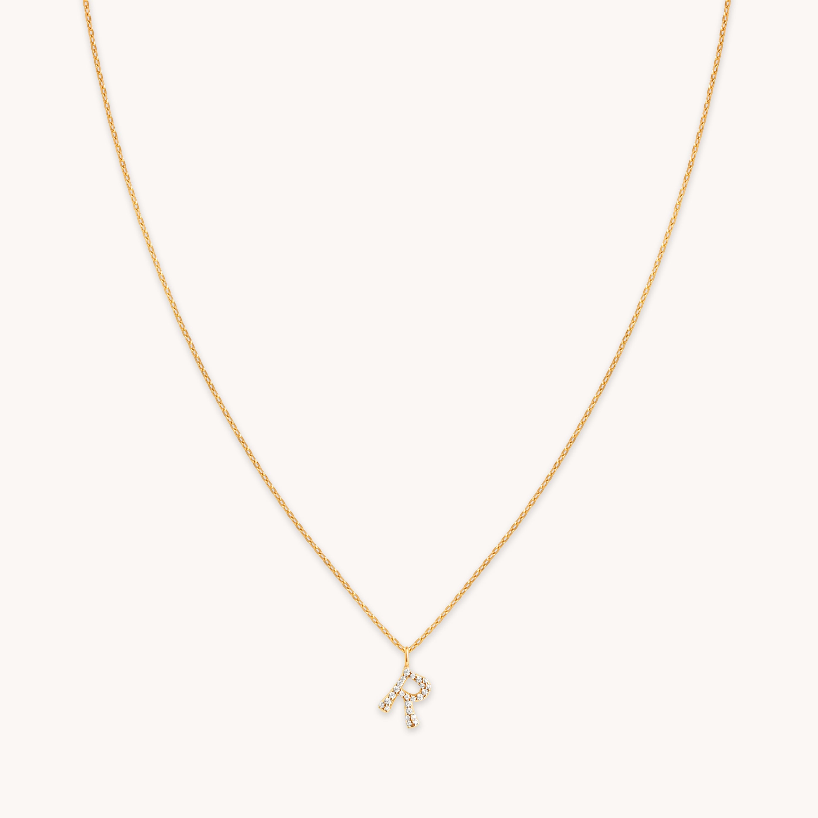 R Initial Pavé Pendant Necklace in Gold