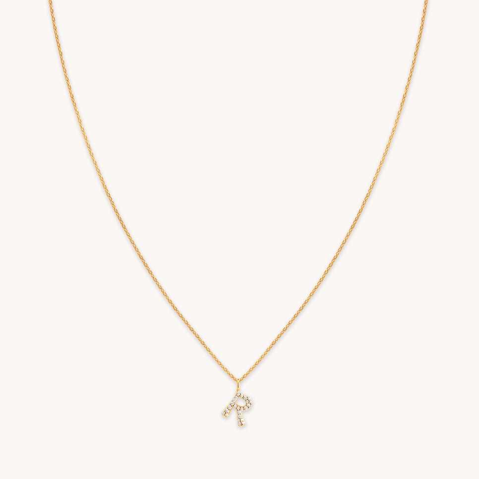 R Initial Pavé Pendant Necklace in Gold