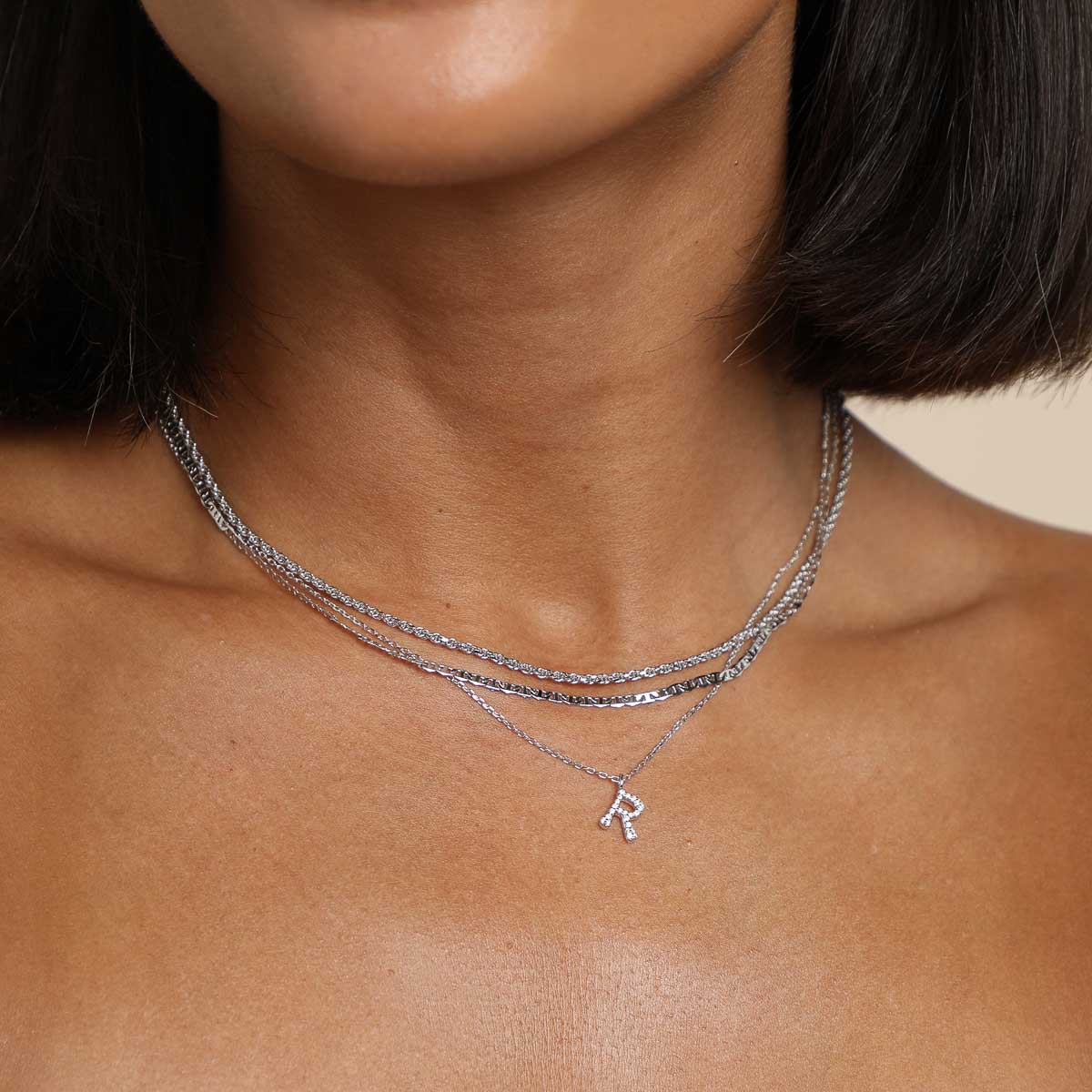 Gemstone Necklaces - R Initial Pavé Pendant Necklace in Silver - Pendant Necklace - Astrid & Miyu