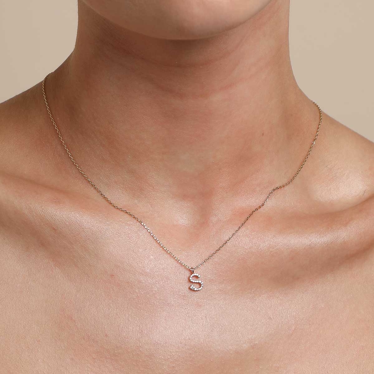 18k Gold Plated Jewellery - S Initial Pavé Pendant Necklace in Gold - Pendant Necklace - Astrid & Miyu
