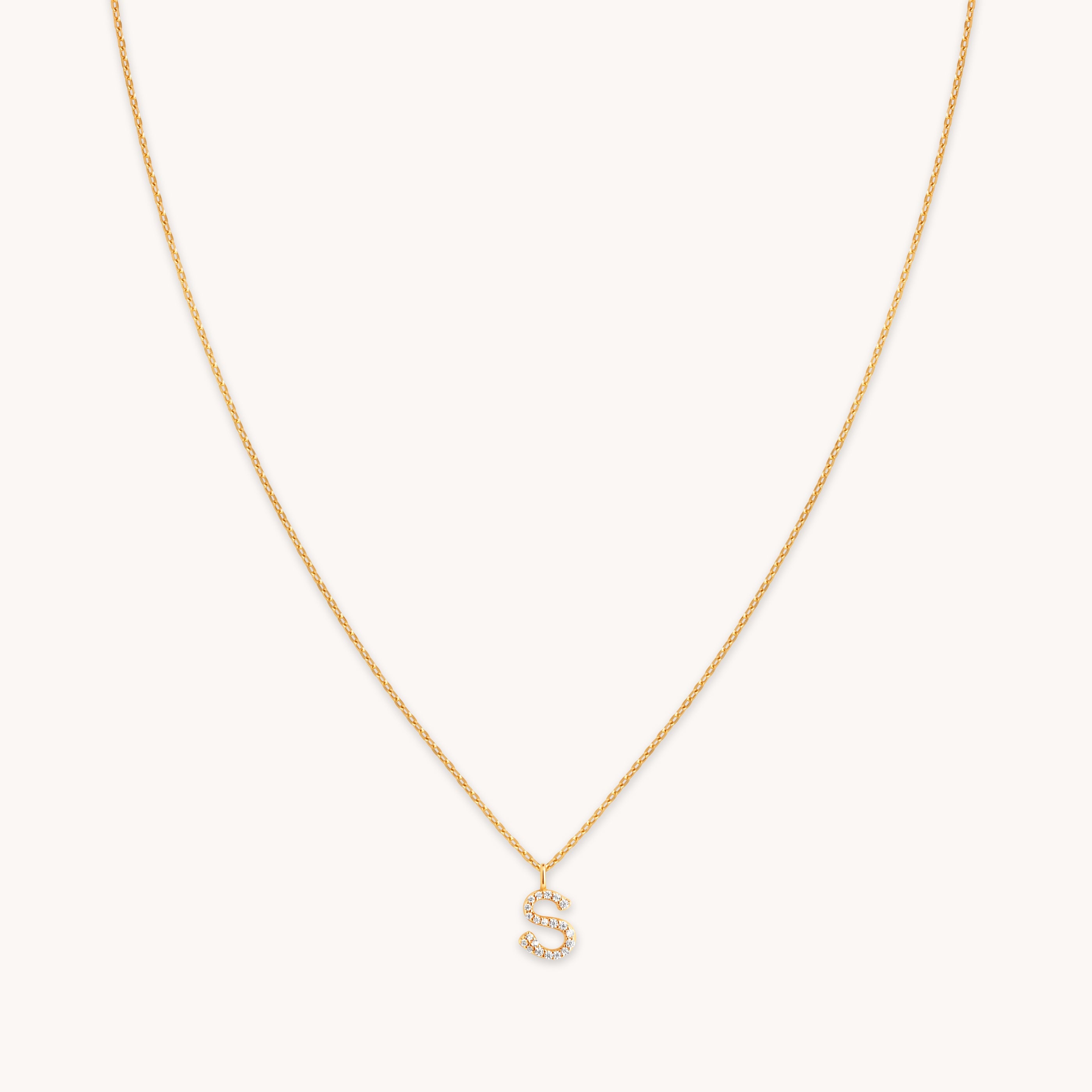 S Initial Pavé Pendant Necklace in Gold