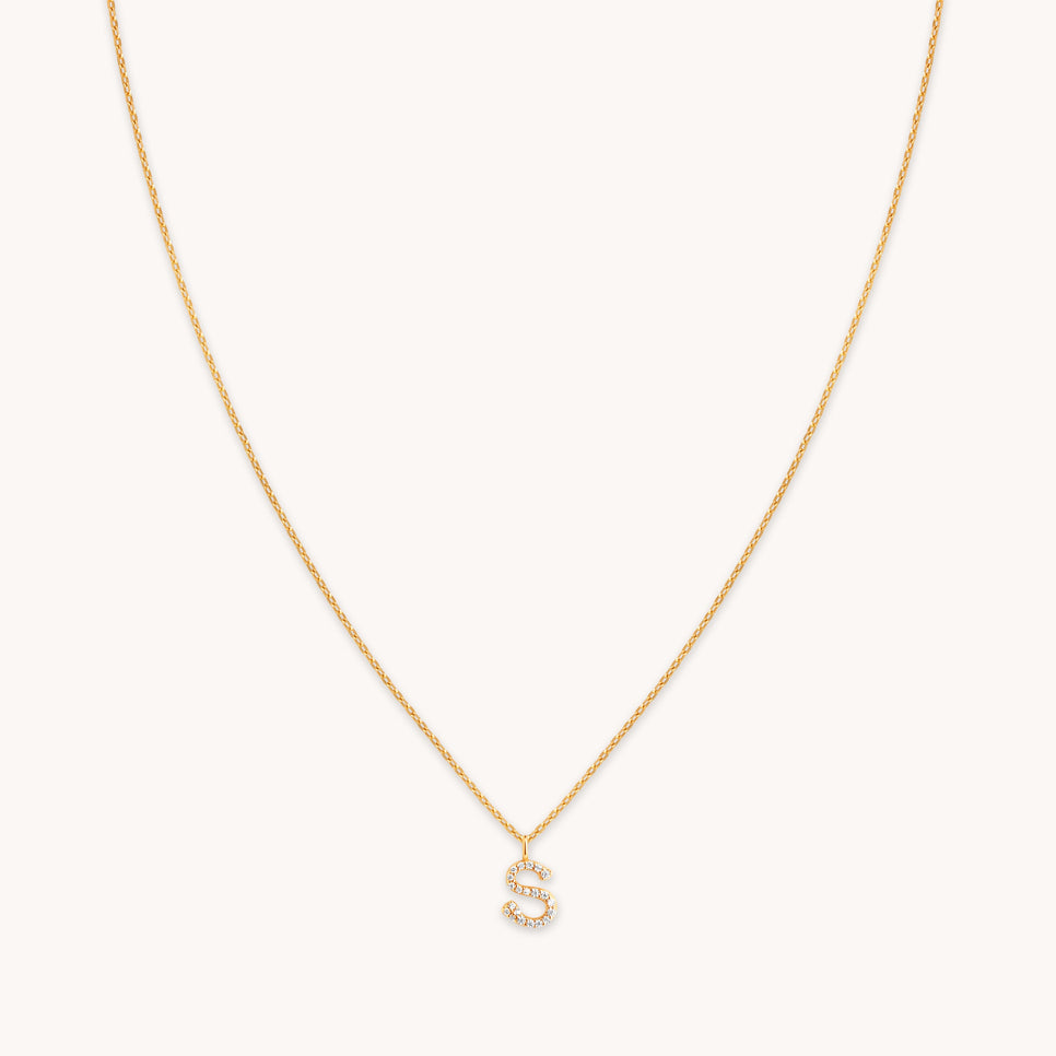 18k Gold Plated Jewellery - S Initial Pavé Pendant Necklace in Gold - Pendant Necklace - Astrid & Miyu