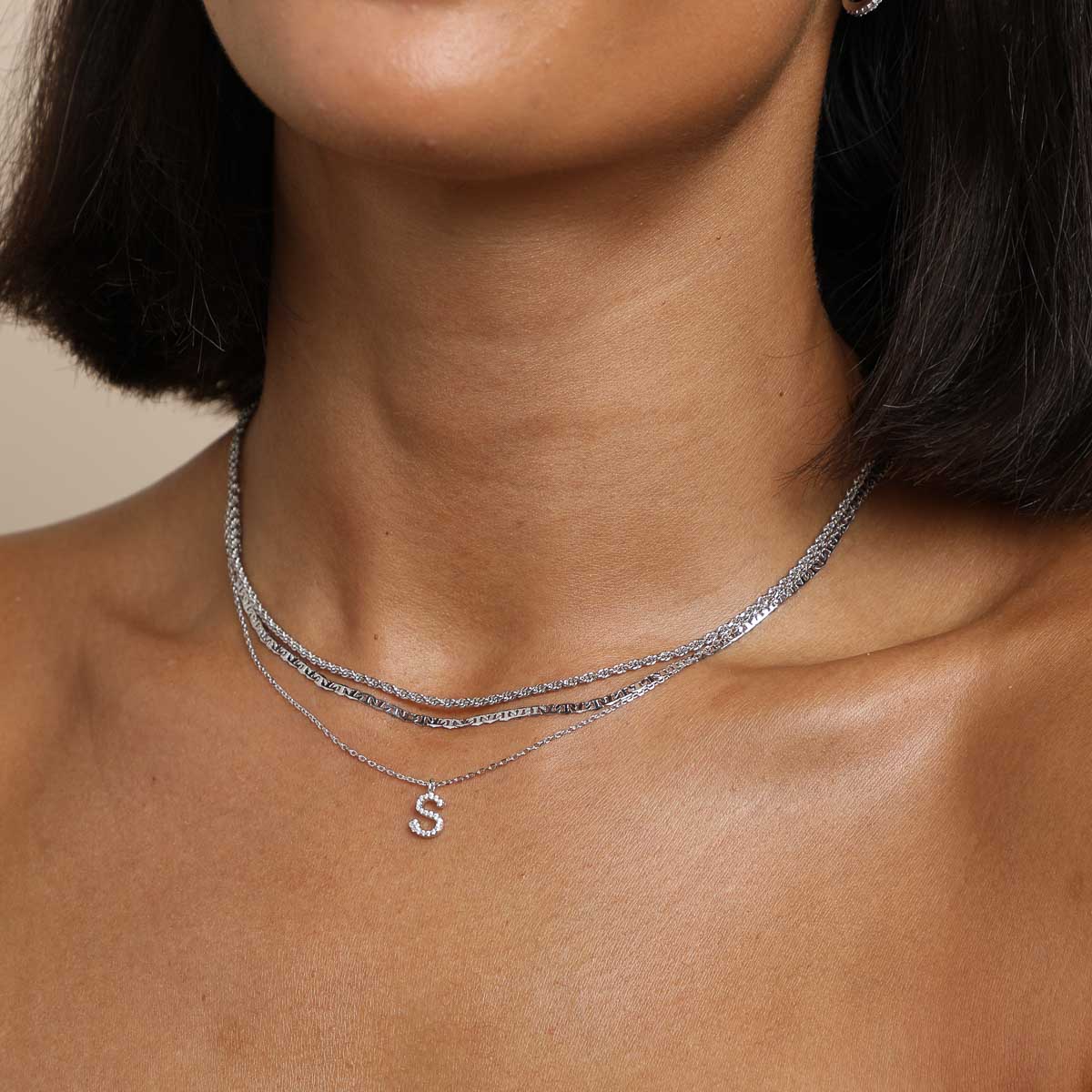 Gemstone Necklaces - S Initial Pavé Pendant Necklace in Silver - Pendant Necklace - Astrid & Miyu