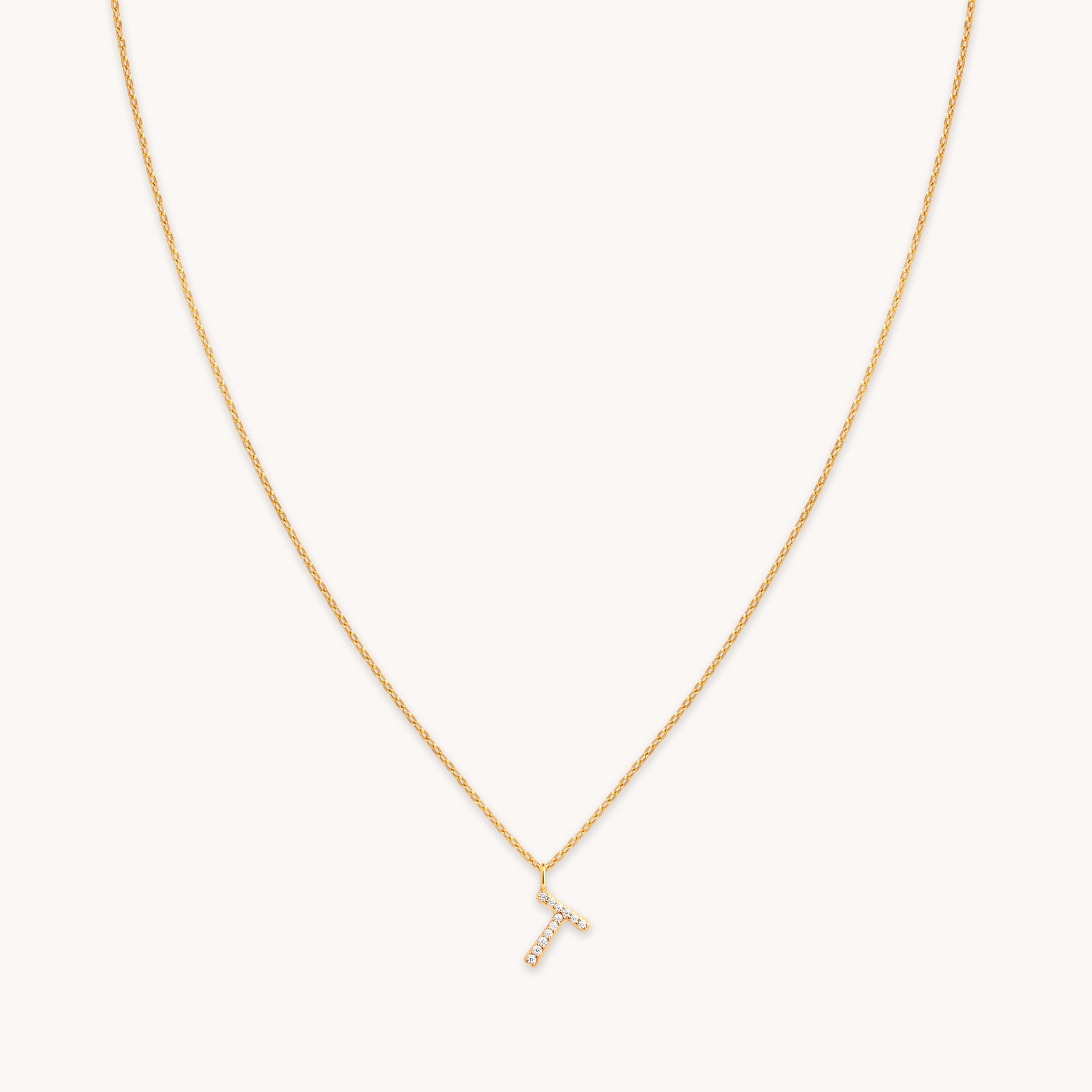 18k Gold Plated Jewellery - T Initial Pavé Pendant Necklace in Gold - Pendant Necklace - Astrid & Miyu