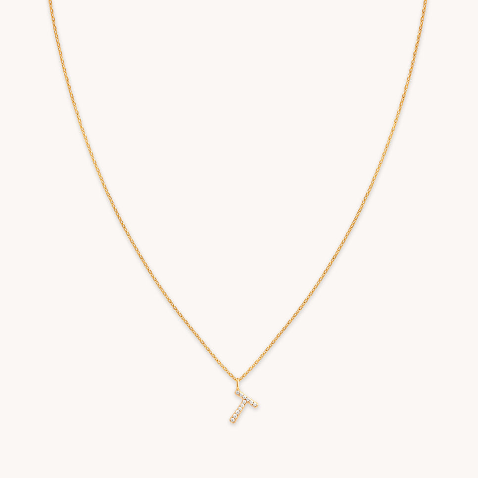 18k Gold Plated Jewellery - T Initial Pavé Pendant Necklace in Gold - Pendant Necklace - Astrid & Miyu