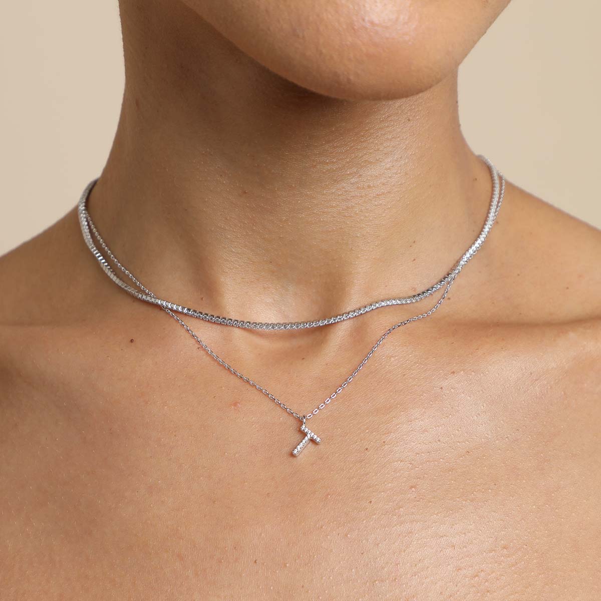 Gemstone Necklaces - T Initial Pavé Pendant Necklace in Silver - Pendant Necklace - Astrid & Miyu
