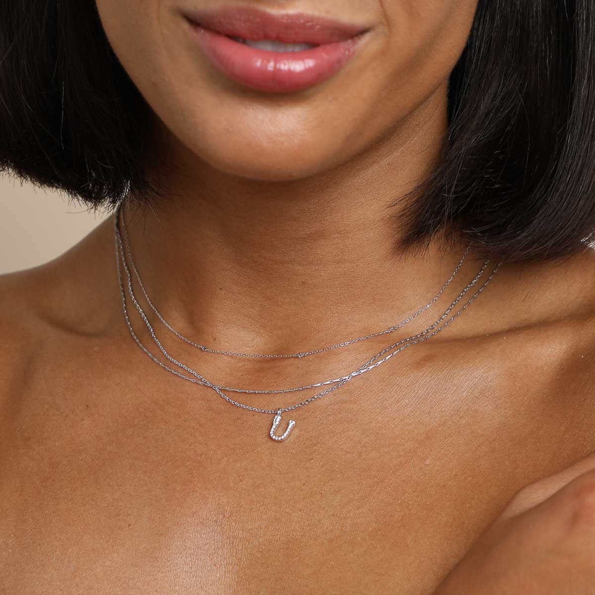 U Initial Pavé Pendant Necklace in Silver