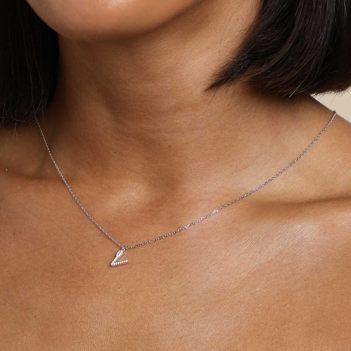 Gemstone Necklaces - V Initial Pavé Pendant Necklace in Silver - Pendant Necklace - Astrid & Miyu