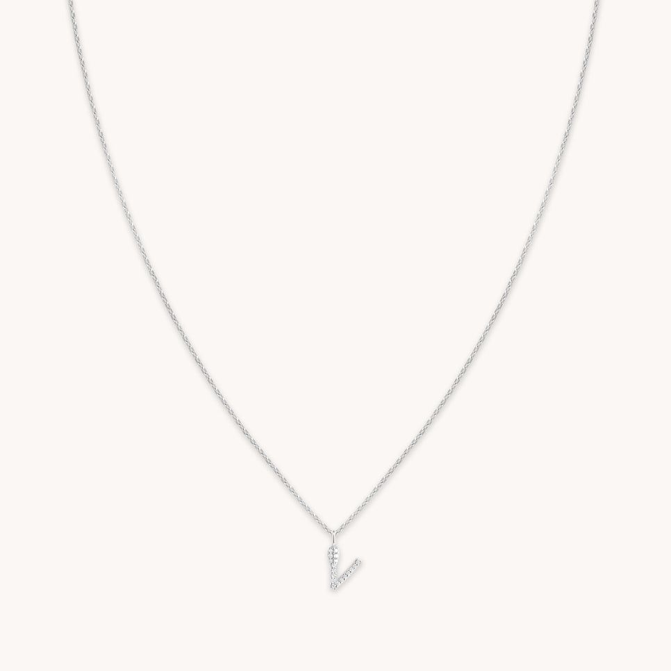Gemstone Necklaces - V Initial Pavé Pendant Necklace in Silver - Pendant Necklace - Astrid & Miyu