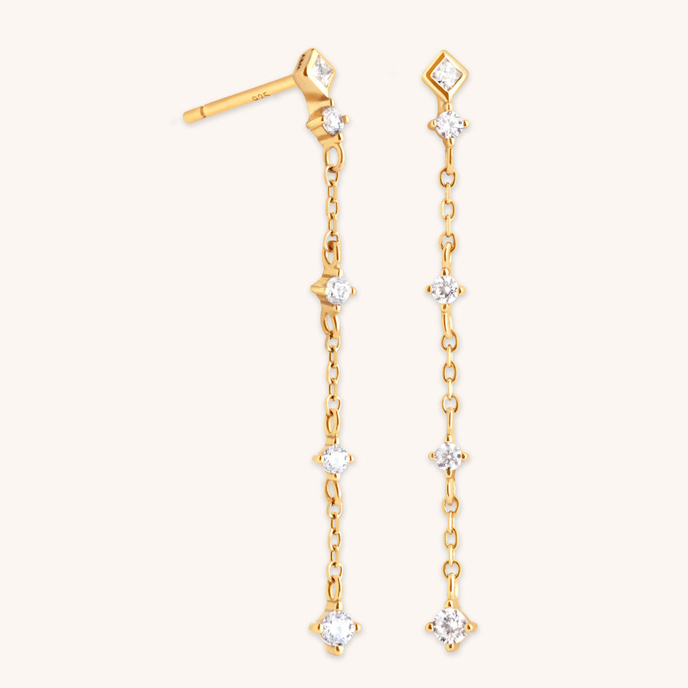 Crystal Chain Drop Studs in Gold