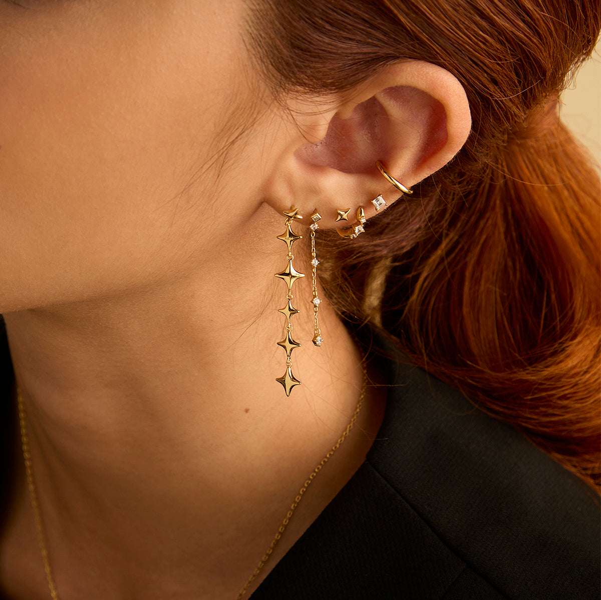 Crystal Chain Drop Studs in Gold