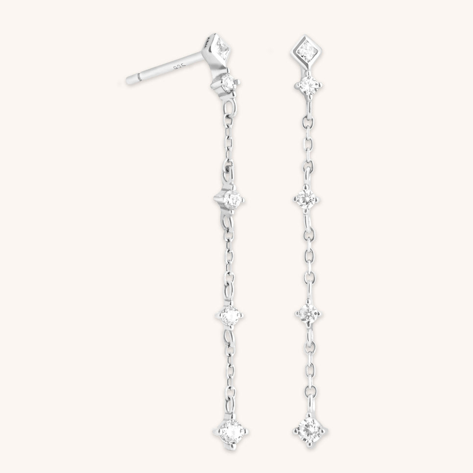 Crystal Chain Drop Studs in Silver