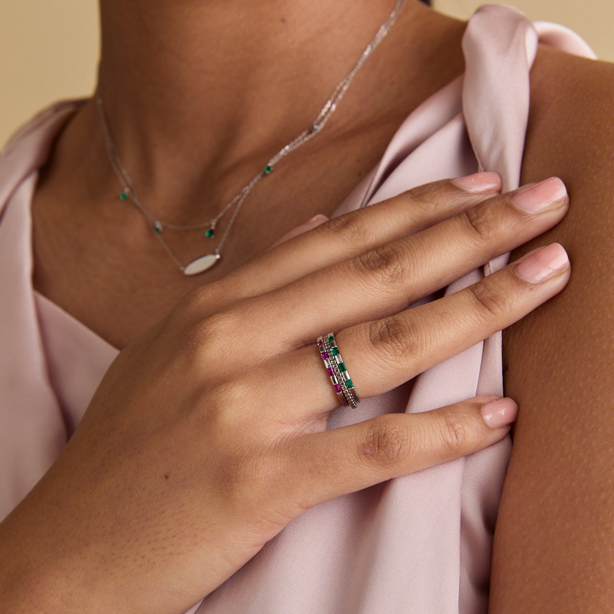Emerald Baguette Band Ring in Solid White Gold