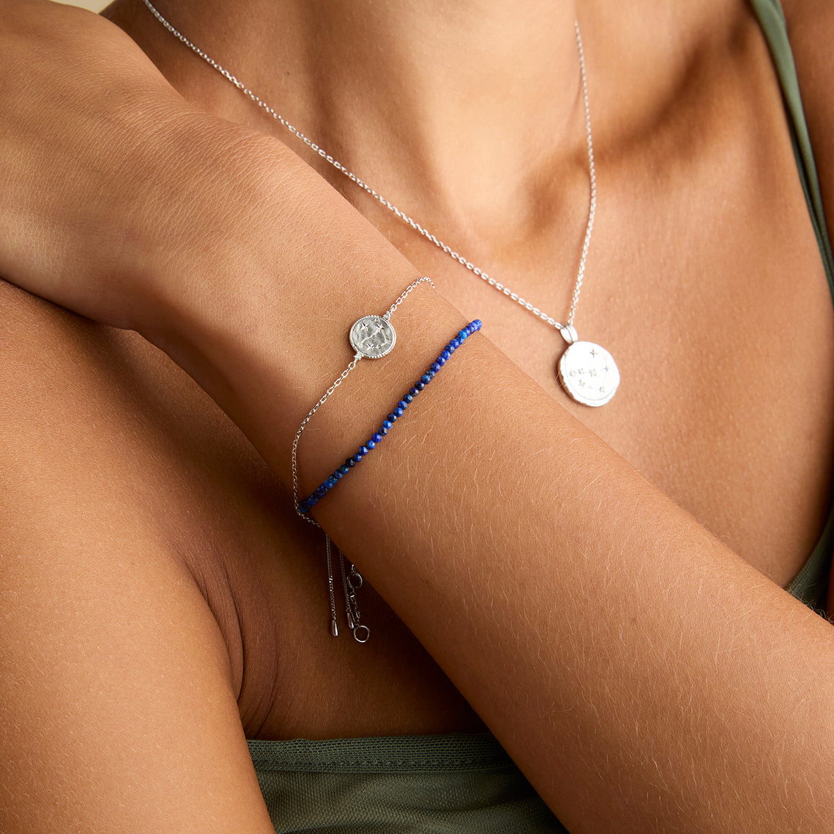 Lazurite September Beaded Bracelet in Solid White Gold