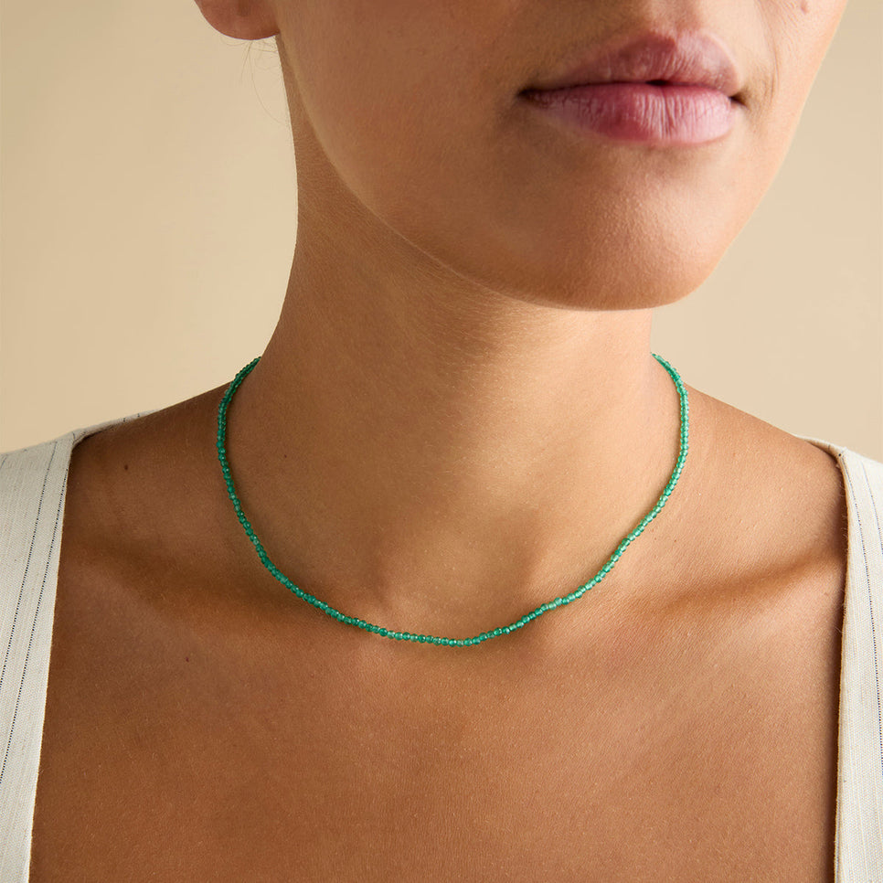 Agate May Beaded Birthstone Necklace in Solid White Gold