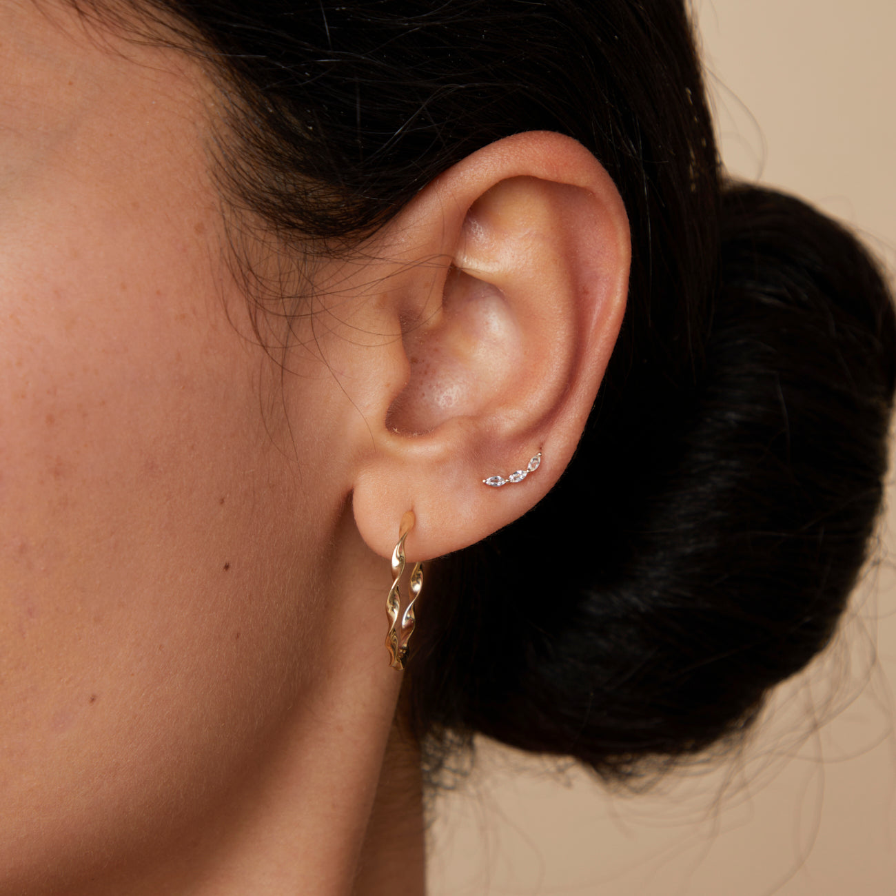 White Topaz Curved Studs in Solid Gold